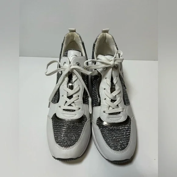 Michael Kors Crista Silver White Mixed Media Wedge Sneakers Glitter Women’s 9.5 - Picture 3 of 12